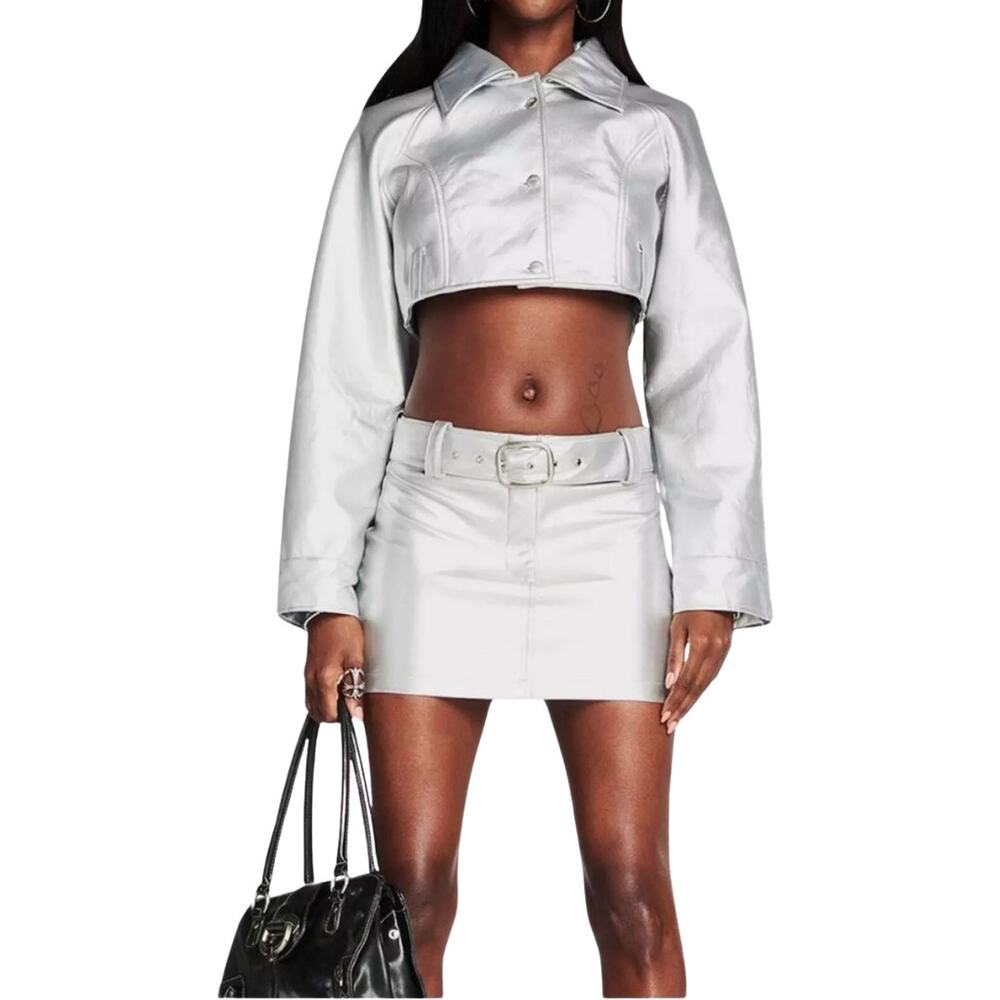 I.AM.GIA Jacket Womens Small Silver Metallic Alessandra Cropped Sherpa Lined